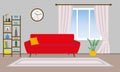 Living room interior. Vector background with sofa, shelf, pictures and window with curtains. Home or house design. Modern decor. Royalty Free Stock Photo